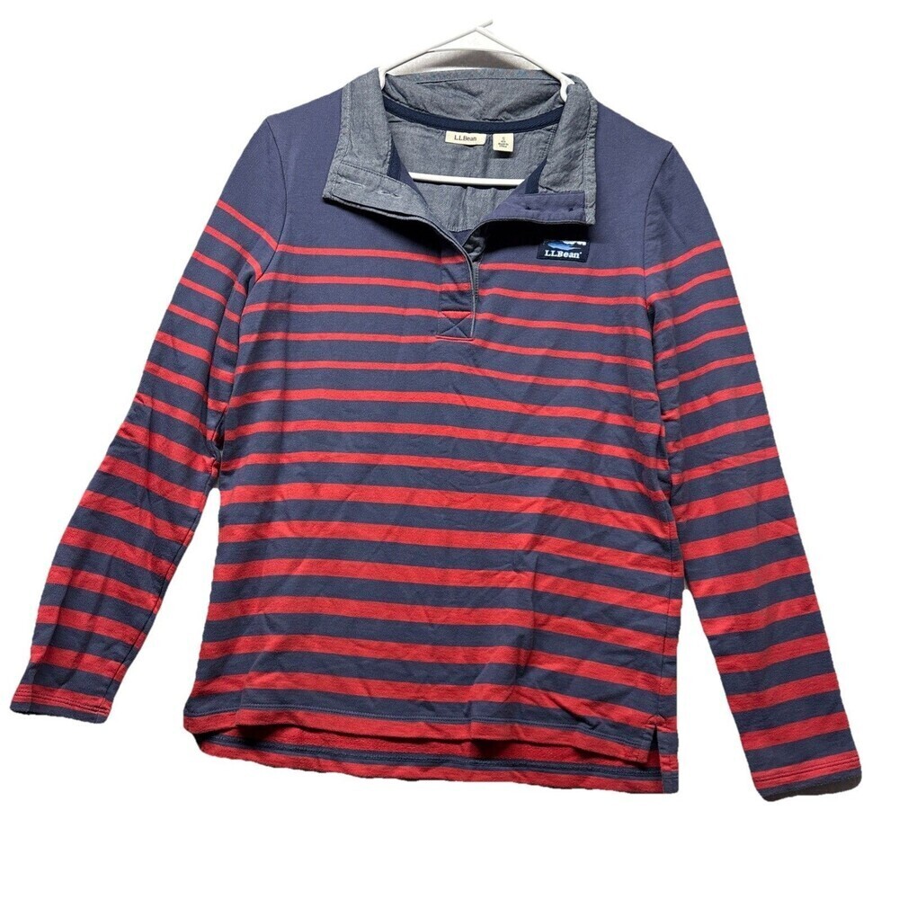 LL BEAN Soft Cotton Rugby Striped Henley Sweater 501241 Women’s Small Gray